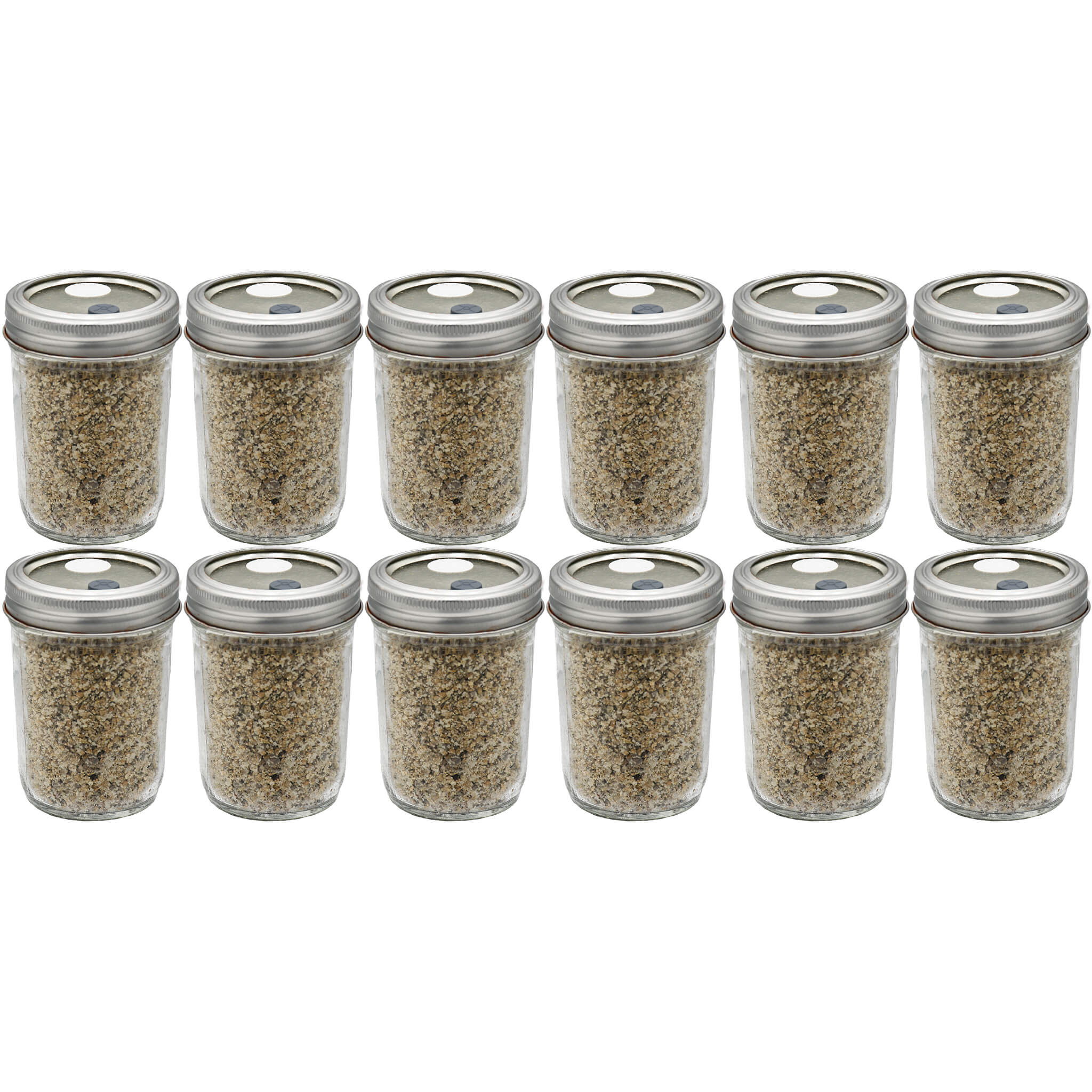 Twelve half-pint jars filled with a sterilized mix of brown rice flour and vermiculite substrate, arranged in a grid. The jars feature self-healing injection ports on the lids, ideal for easy inoculation and efficient mushroom cultivation.