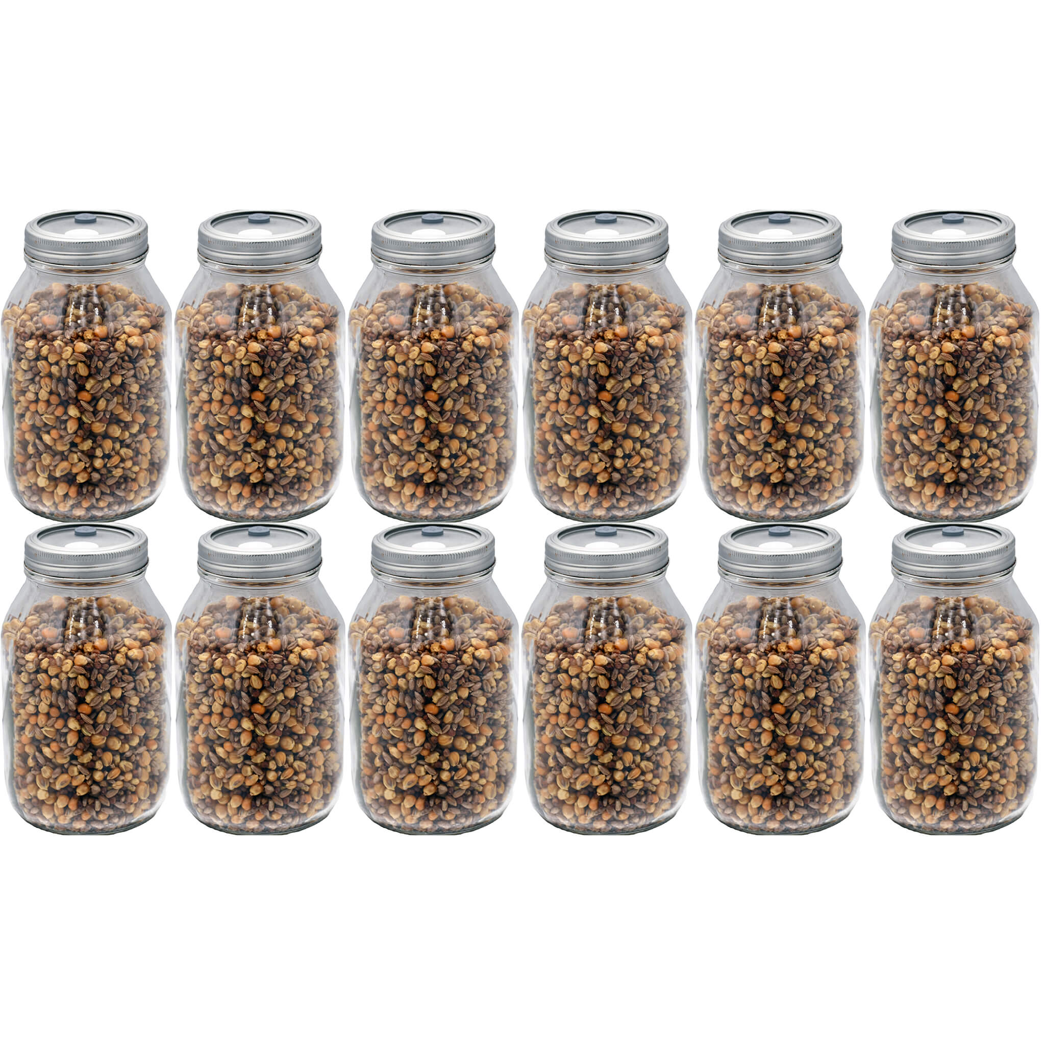 Twelve quart-sized jars filled with a sterilized mix of grains, including rye, milo, and popcorn. The jars are arranged in a grid and feature self-healing injection ports on the lids, designed for easy inoculation and optimal mushroom cultivation.
