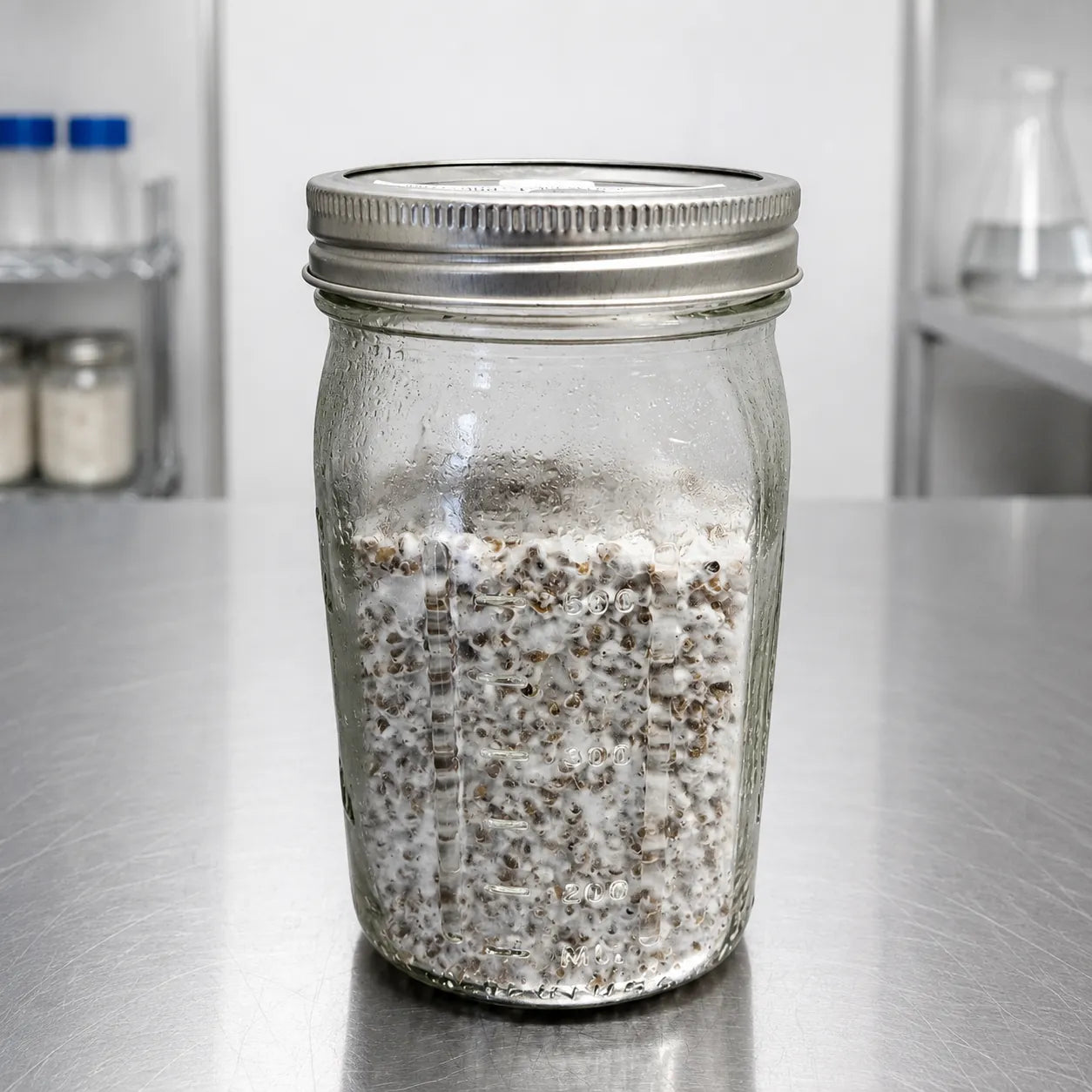 Beech mushroom grain spawn in a one quart jar, dense colonized grain on a stainless steel bench