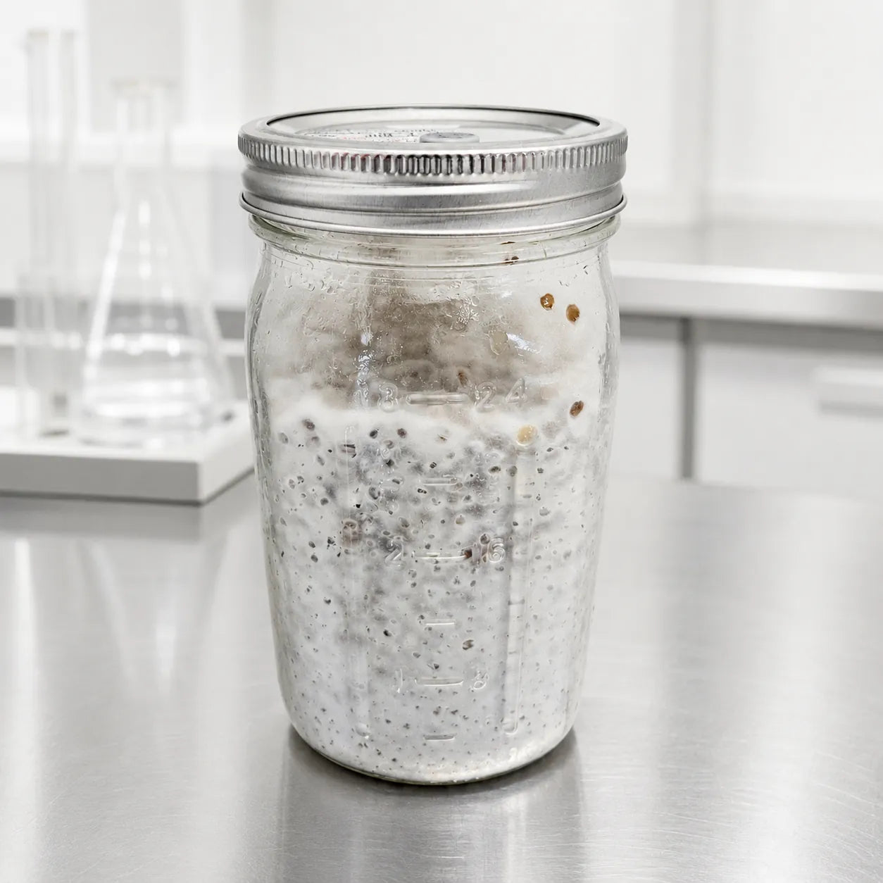 Black Poplar mushroom grain spawn fully colonized in a one quart glass jar, white mycelium over rye grain, on a stainless steel lab bench