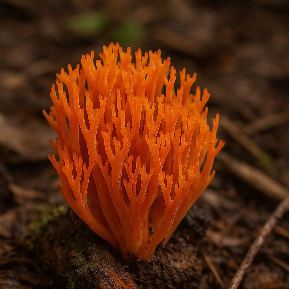 Mycena coralliformia growing from the ground.