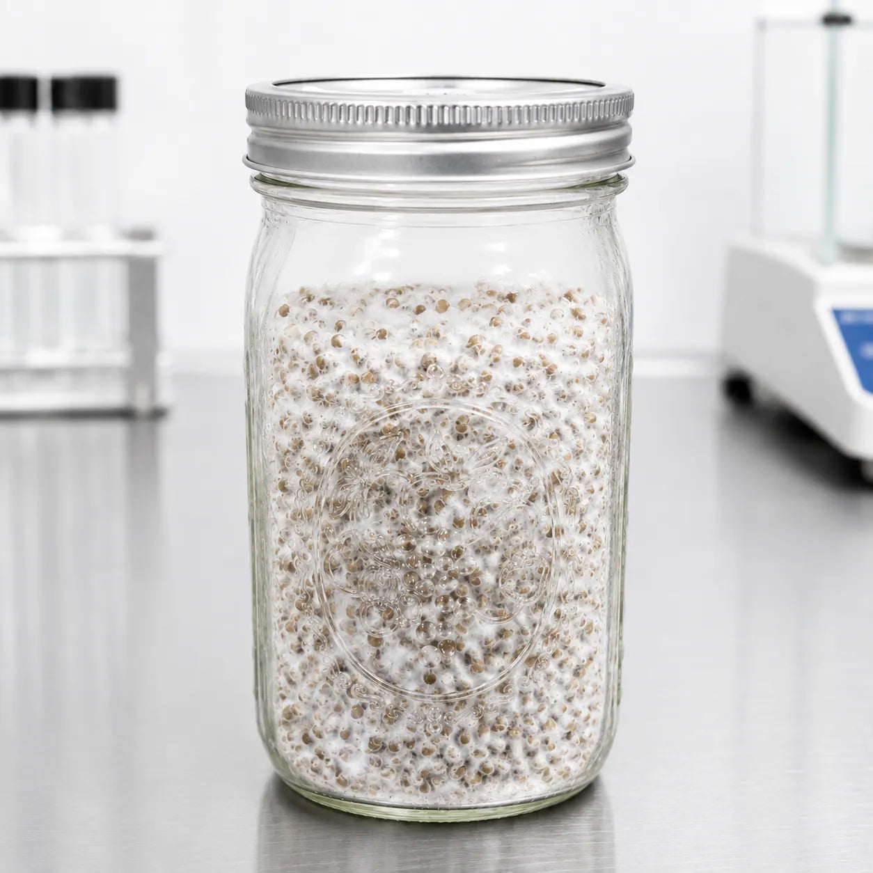 Enoki mushroom grain spawn in a one quart glass jar, white mycelium speckled through the rye grain