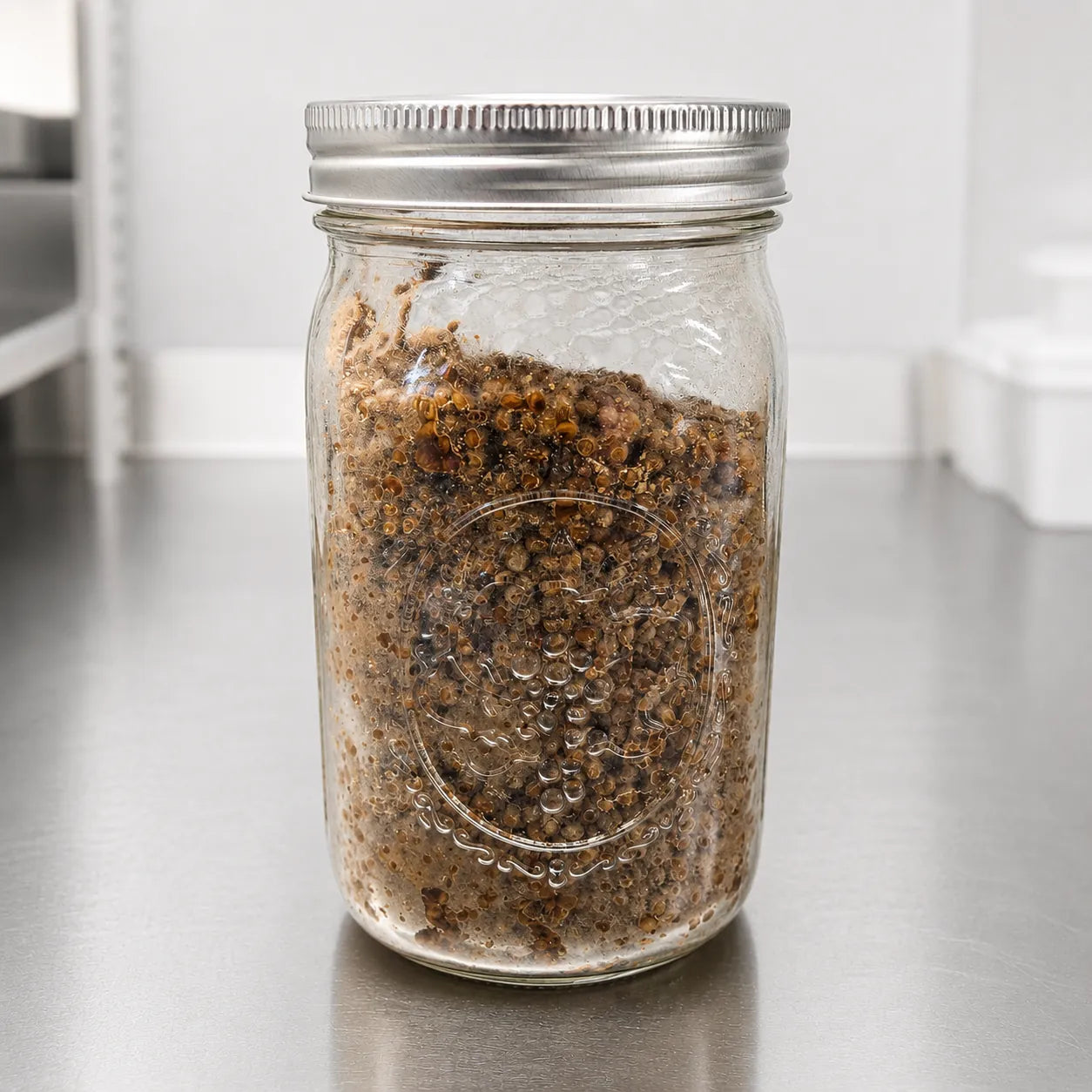 Morel mushroom grain spawn in a one quart jar showing the distinctive dark rust coloured colonized grain
