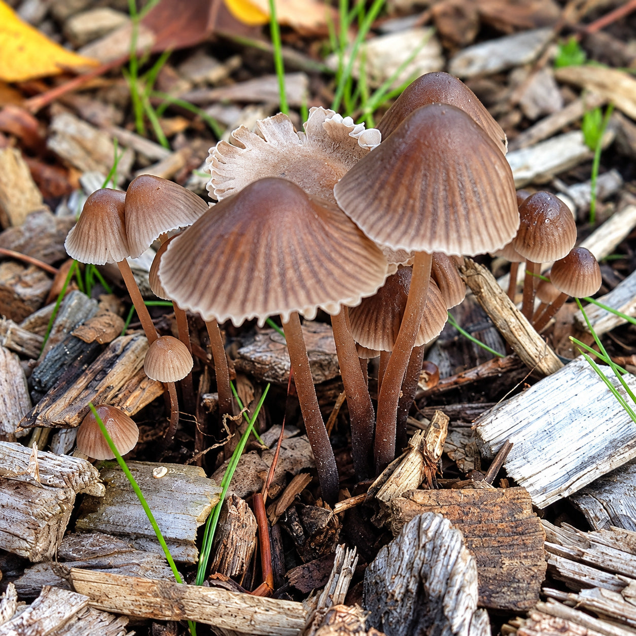 Nitrous Bonnet (Mycena leptocephala) mushrooms growing in natural habitat