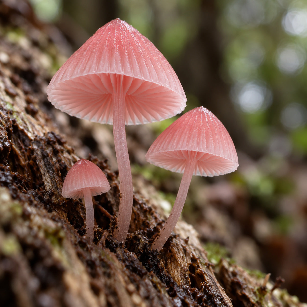 Rosy Bonnet (Mycena roseilignicola) mushrooms growing in natural habitat