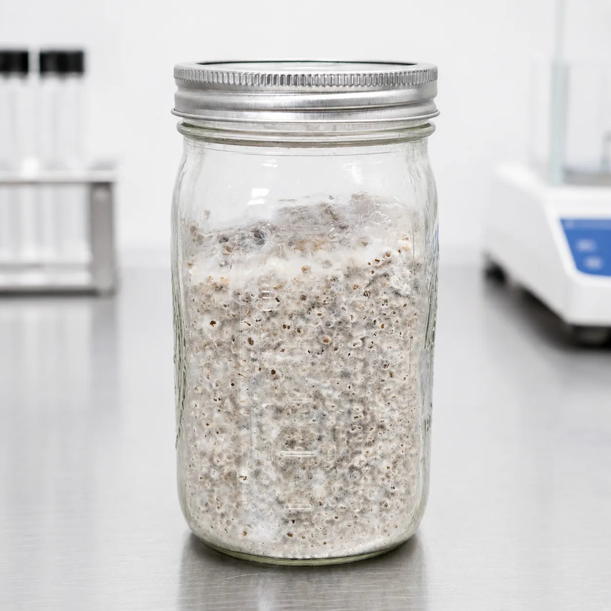 Pink Oyster mushroom grain spawn in a one quart jar, white mycelium covering colonized rye grain
