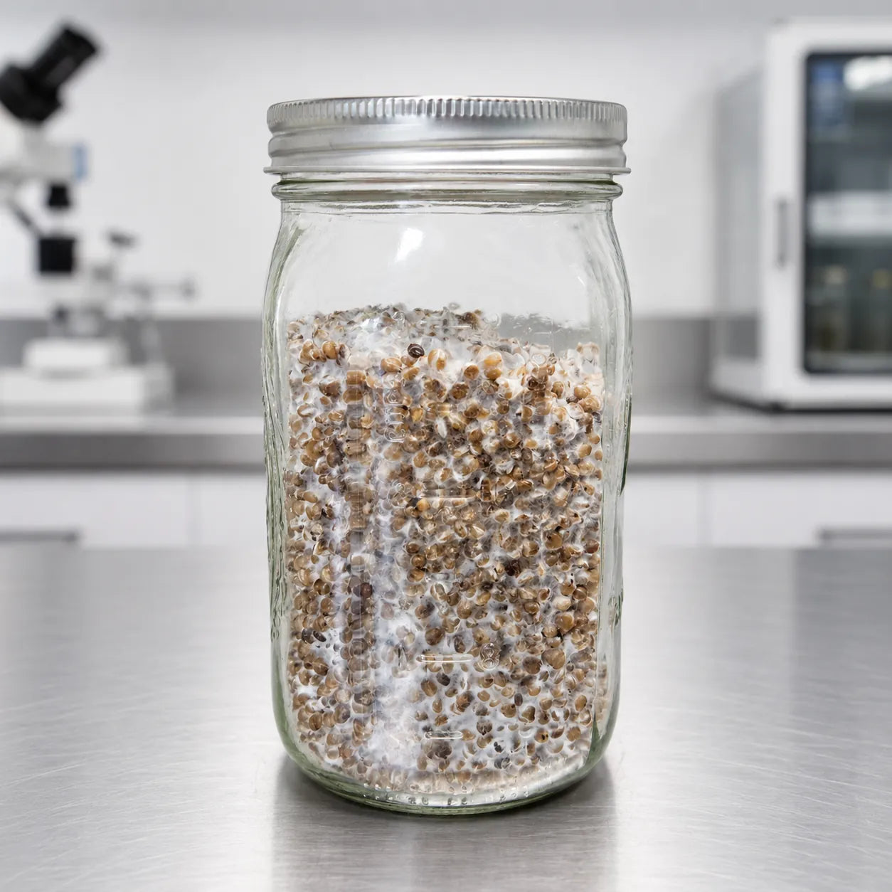 Reishi mushroom grain spawn in a one quart jar, white mycelium over darker rye grain, Out-Grow lab