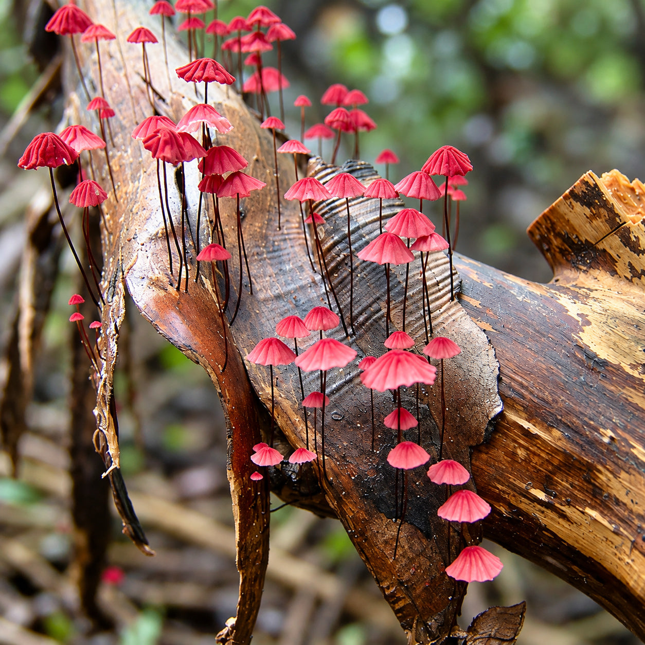 Rosy Parachute (Marasmius pulcherripes) mushrooms growing in natural habitat