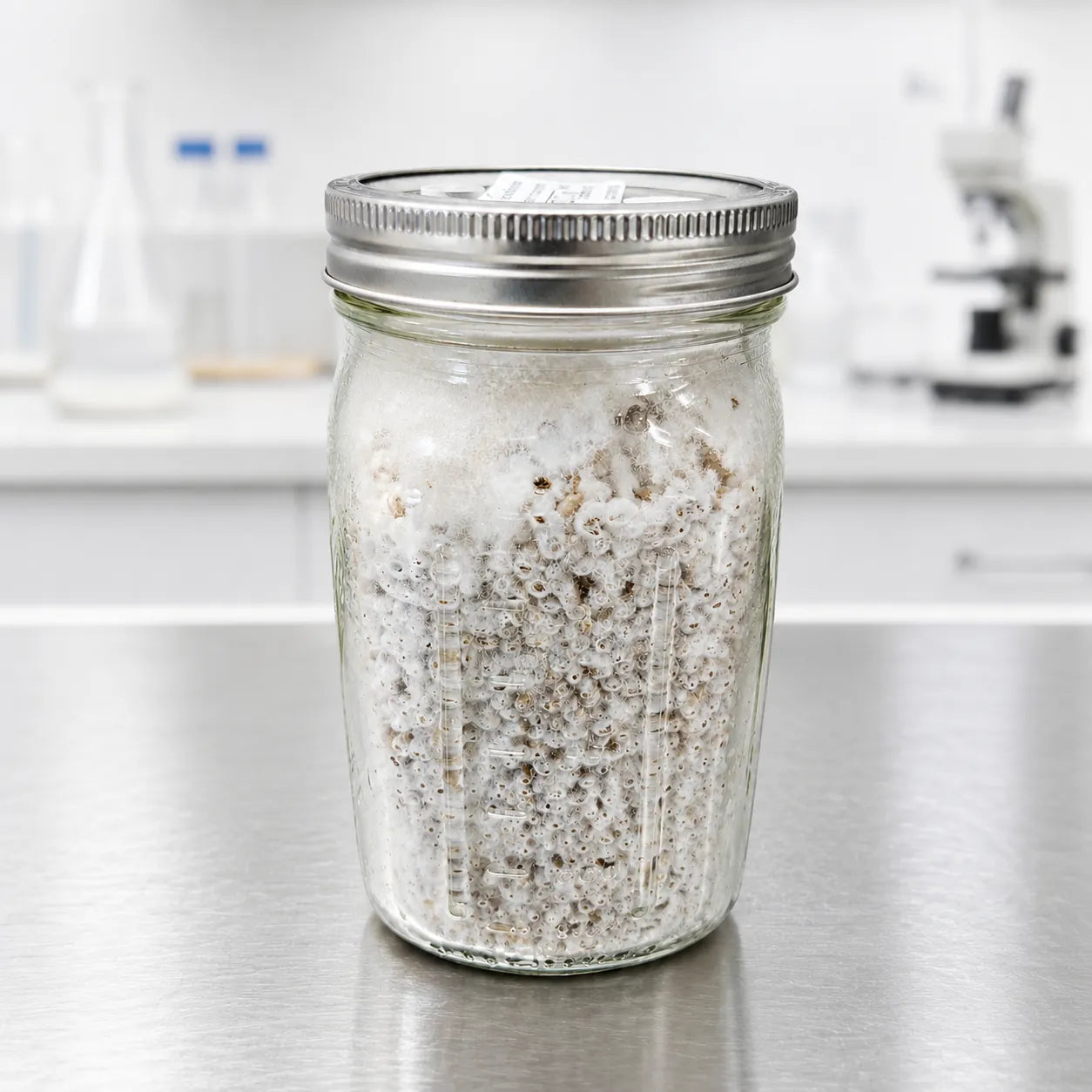 Shiitake mushroom grain spawn in a one quart glass jar, white mycelium threaded through the colonized grain