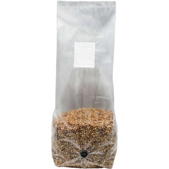 white milo mushroom grow bag standing up forward