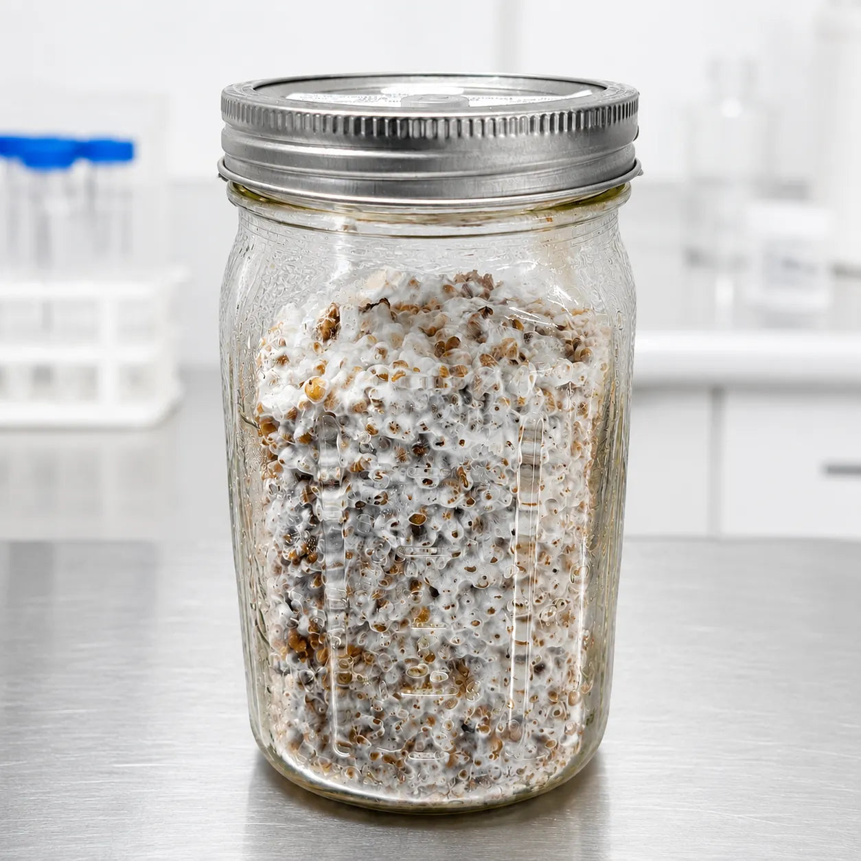 Wine Cap mushroom grain spawn in a one quart jar, white mycelium running through the rye grain, also sold as King Stropharia