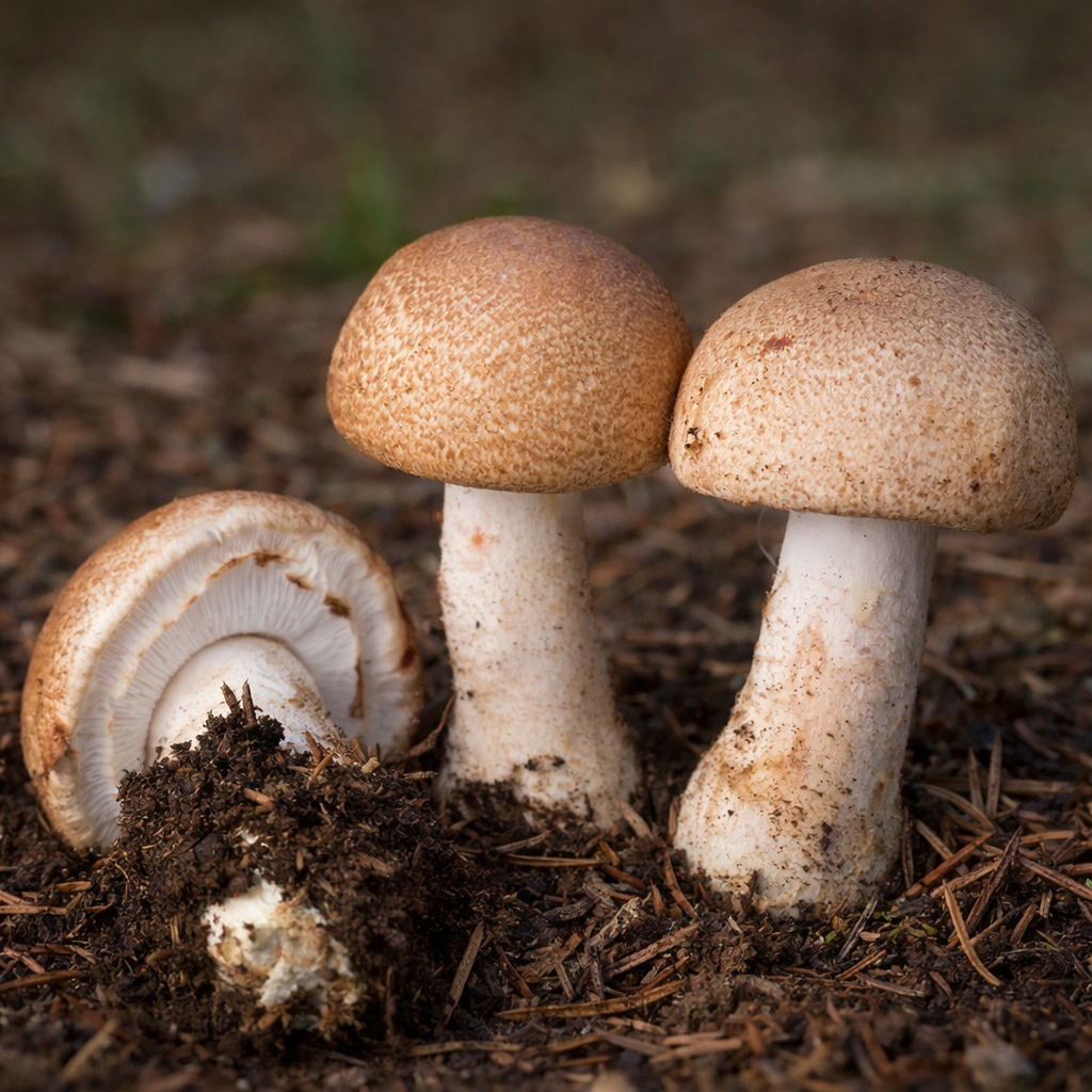 ABM Mushroom (Agaricus subrufescens) growing from forest floor.