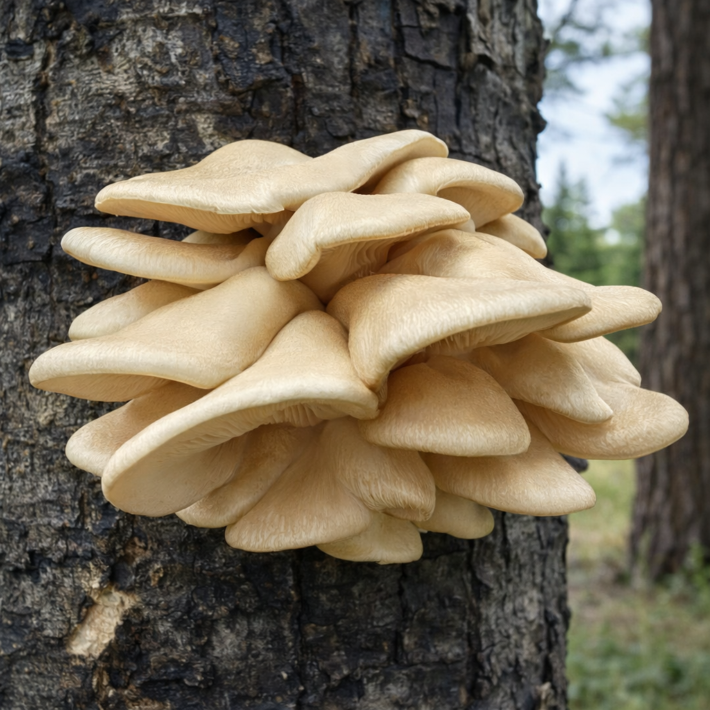 Aspen Oyster (Pleurotus populinus) growing on a tree in the forest