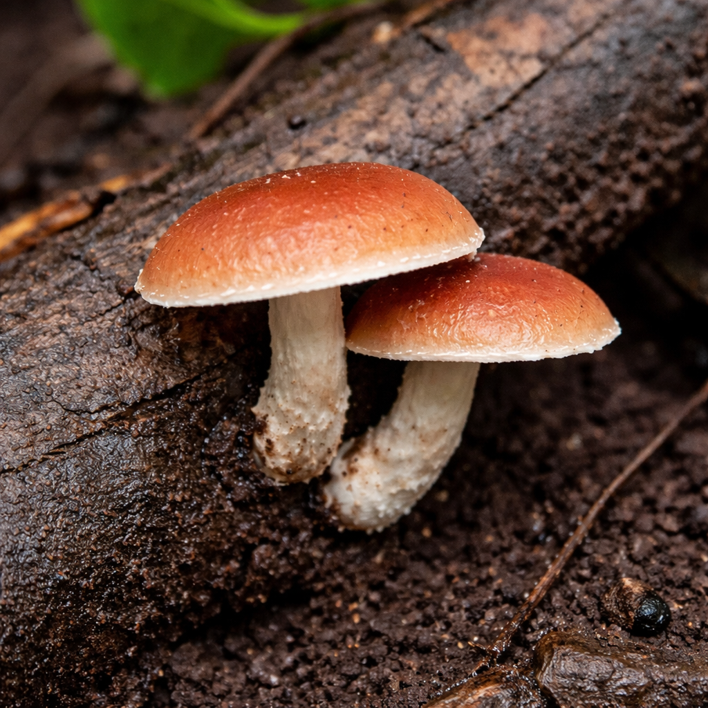 Australian Shiitake (Lentinula lateritia) grwoing from a log.