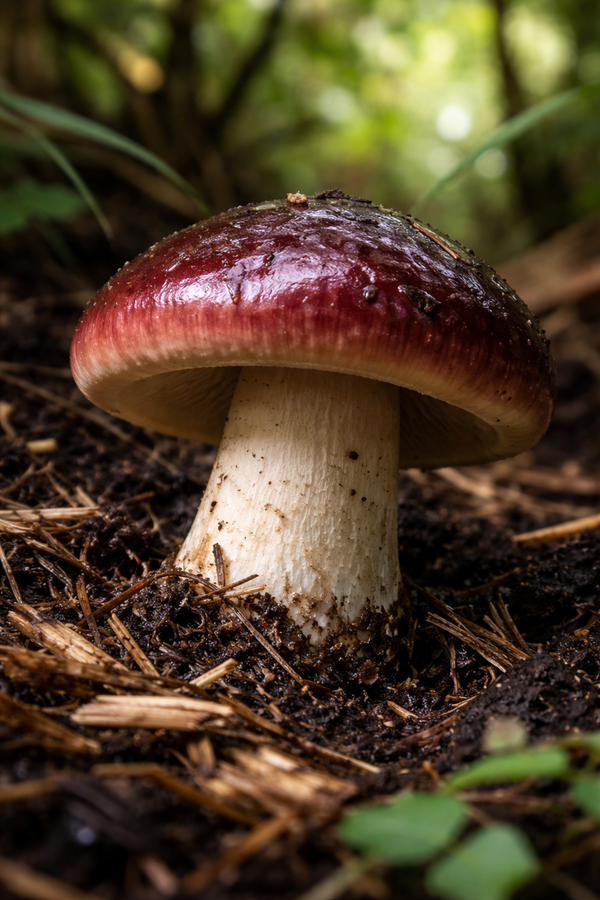 Wine cap mushroom growing in the forest
