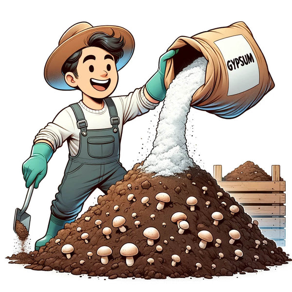 A man pouring gypsum powder on to mushroom substrate