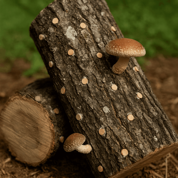 Shiitake mushrooms groweing from an log inoculated with shiitake plug spawn