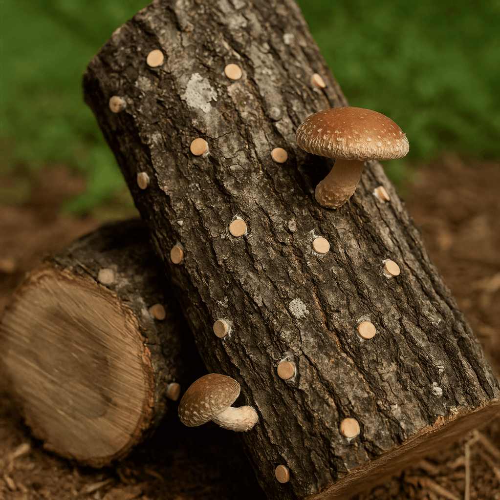 Shiitake mushrooms groweing from an log inoculated with shiitake plug spawn