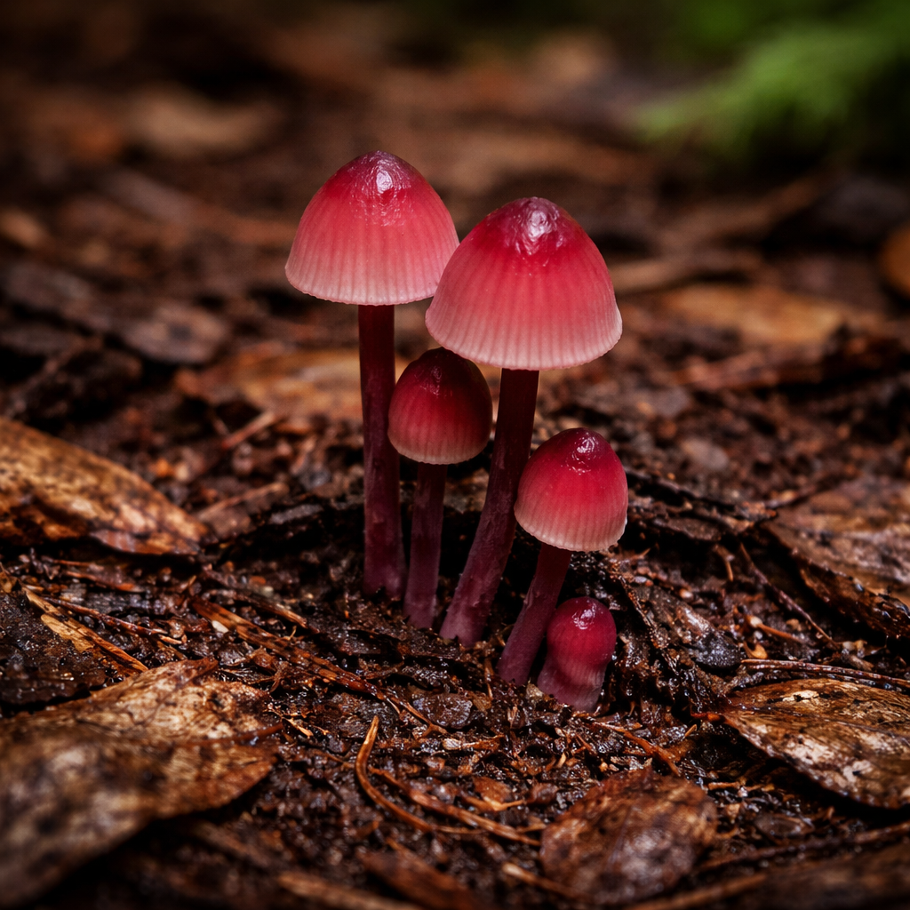 Bleeding Bonnet Mushroom (Mycena sanguinolenta) growing from the forest floor.