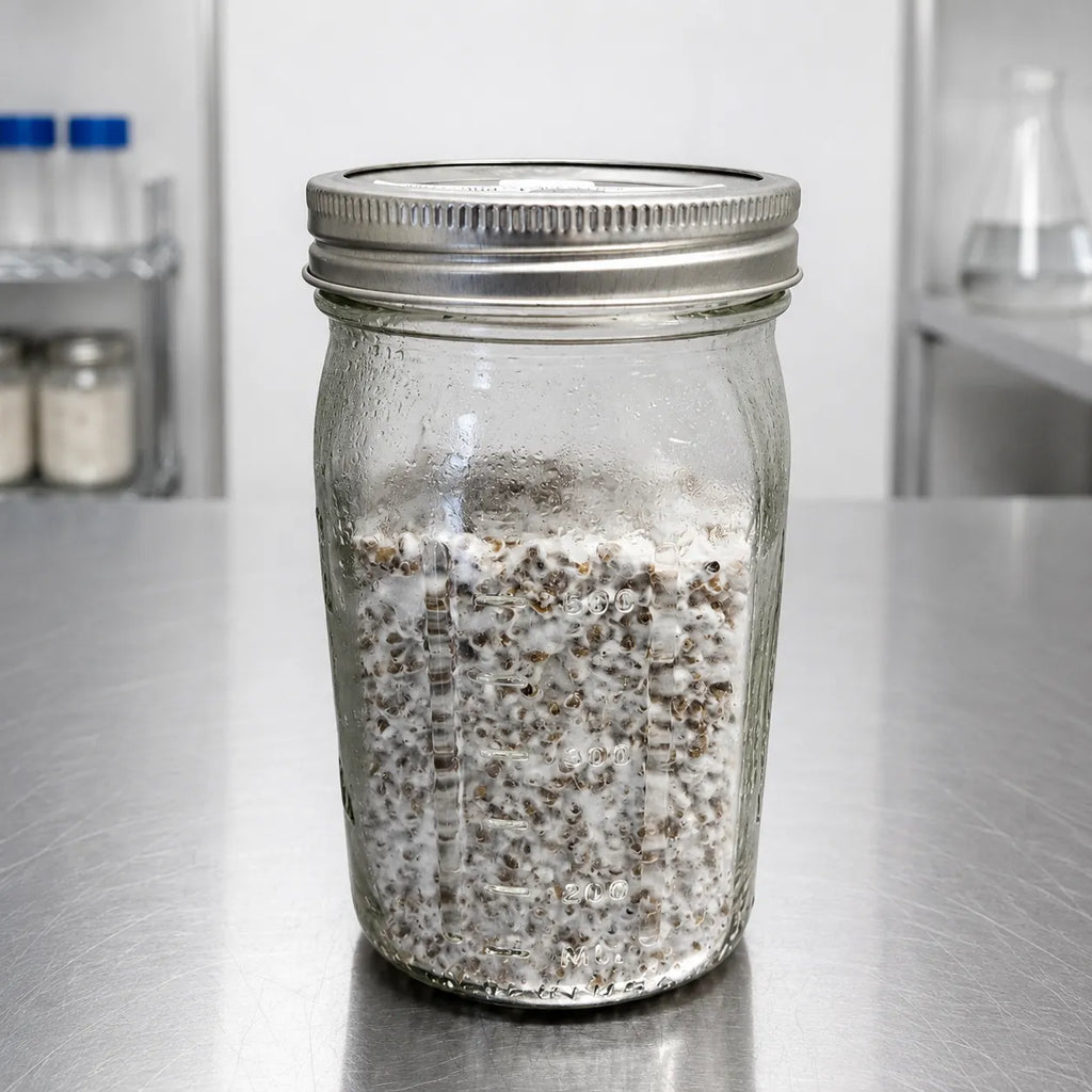 Beech mushroom grain spawn in a one quart jar, dense colonized grain on a stainless steel bench