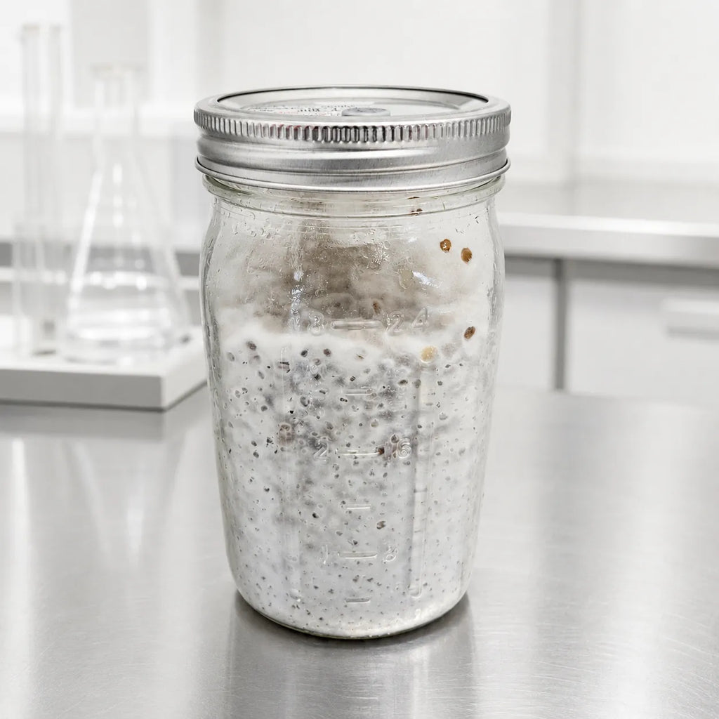 Black Poplar mushroom grain spawn fully colonized in a one quart glass jar, white mycelium over rye grain, on a stainless steel lab bench