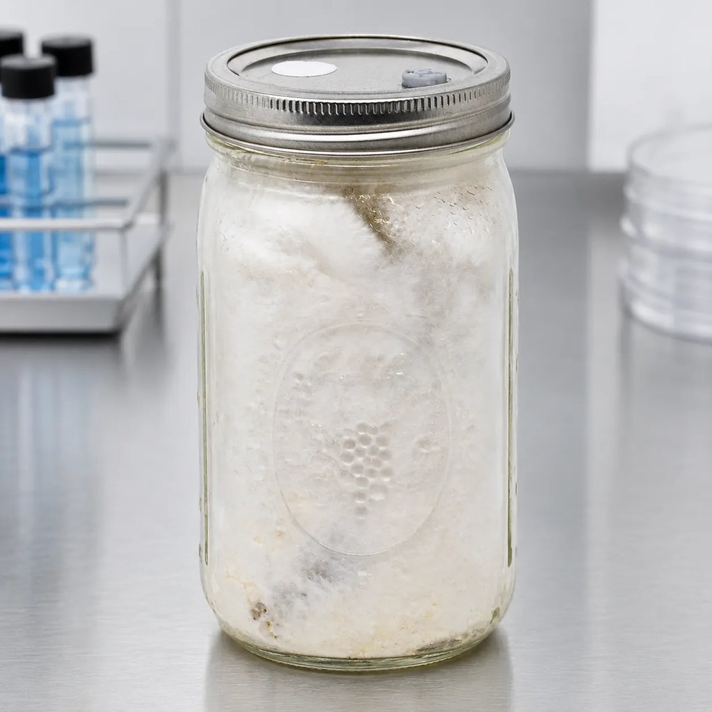 Blue Oyster mushroom grain spawn in a one quart jar, densely colonized with thick white mycelium, Out-Grow lab