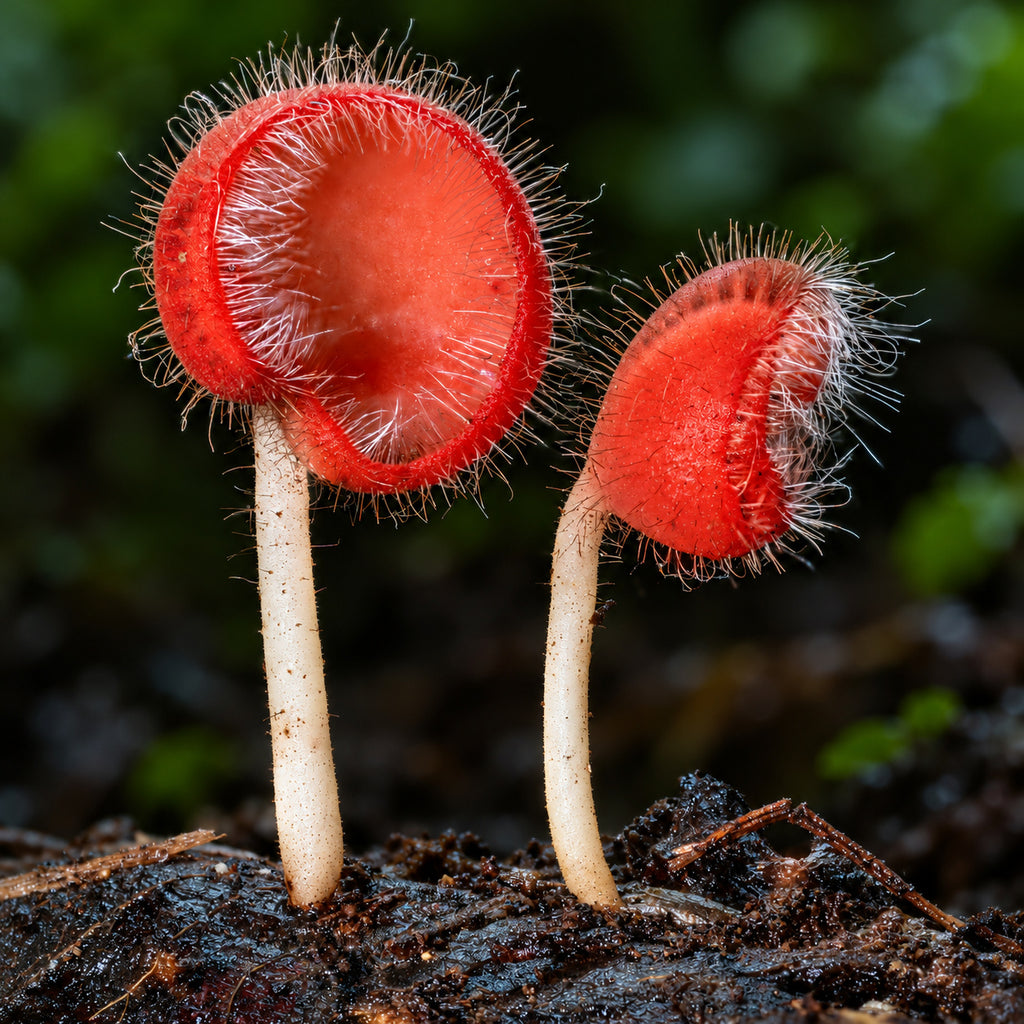 Bristly Tropical Cup (Cookeina tricholoma) mushrooms growing in natural habitat