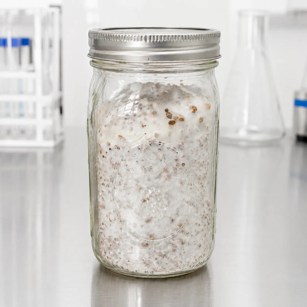 Brown Oyster mushroom grain spawn in a one quart glass jar, white mycelium across colonized rye grain, petri dishes in the background
