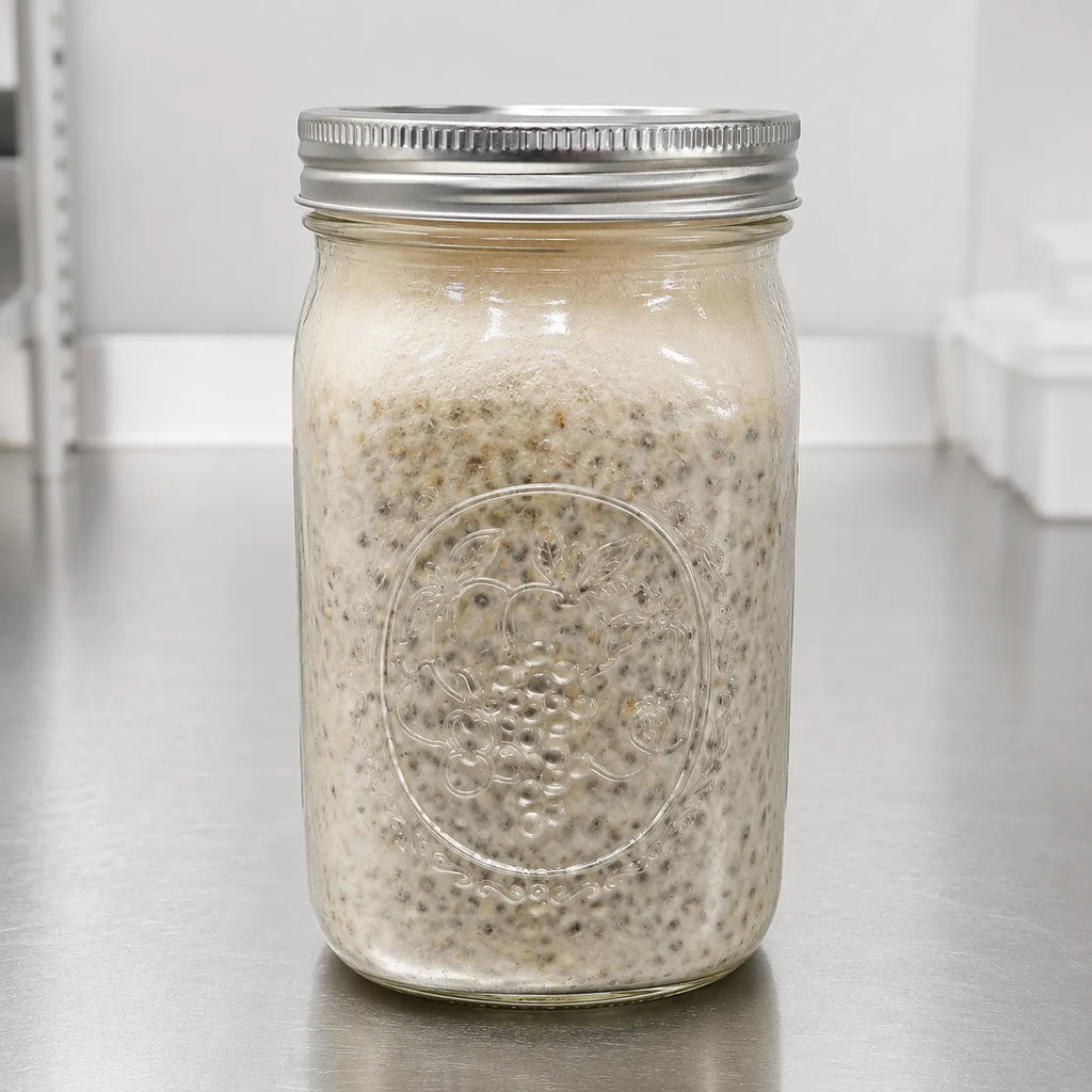Chicken of the Woods grain spawn in a one quart jar, dense creamy white colonization, Out-Grow lab bench