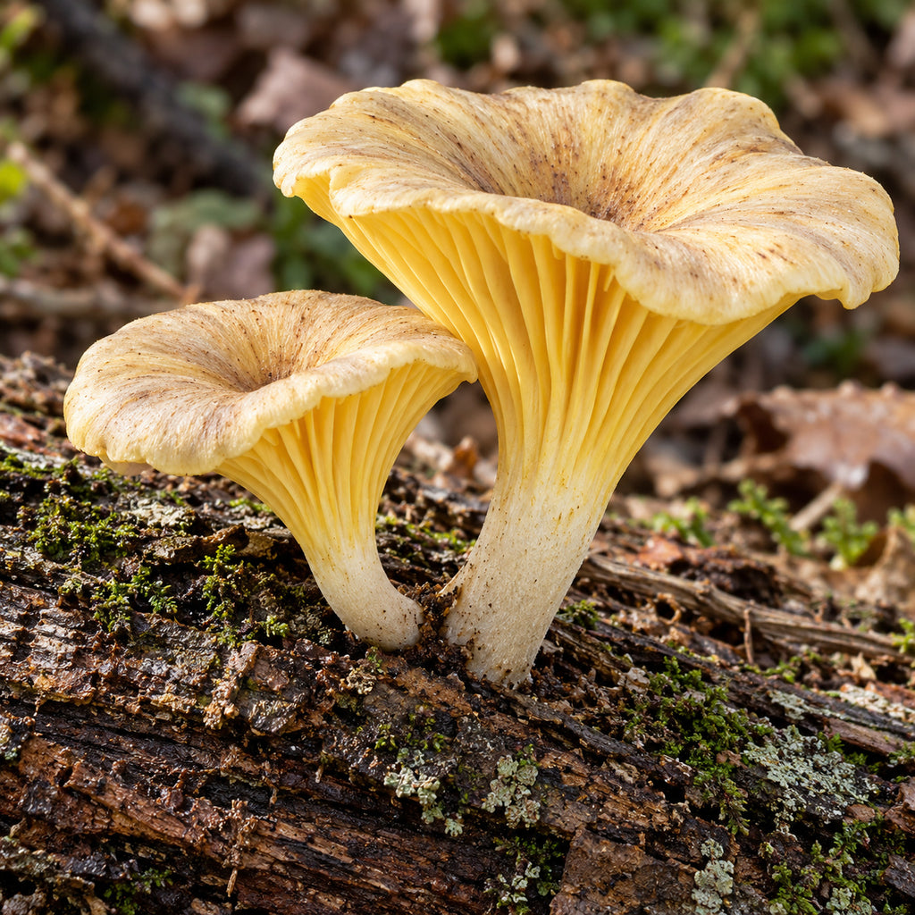 Golden-Gilled Gerronema (Gerronema strombodes) mushrooms growing in natural habitat