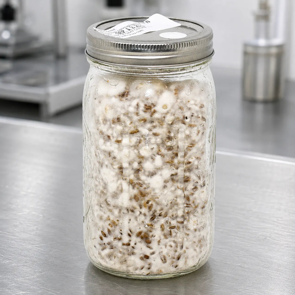 Golden Oyster mushroom grain spawn in a one quart glass jar, white mycelium clumping across the rye grain