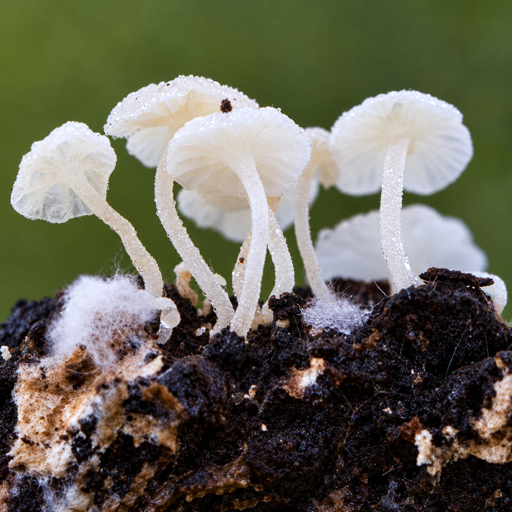 White Fairy Parachute (Marasmiellus albus-corticis) mushrooms growing in natural habitat