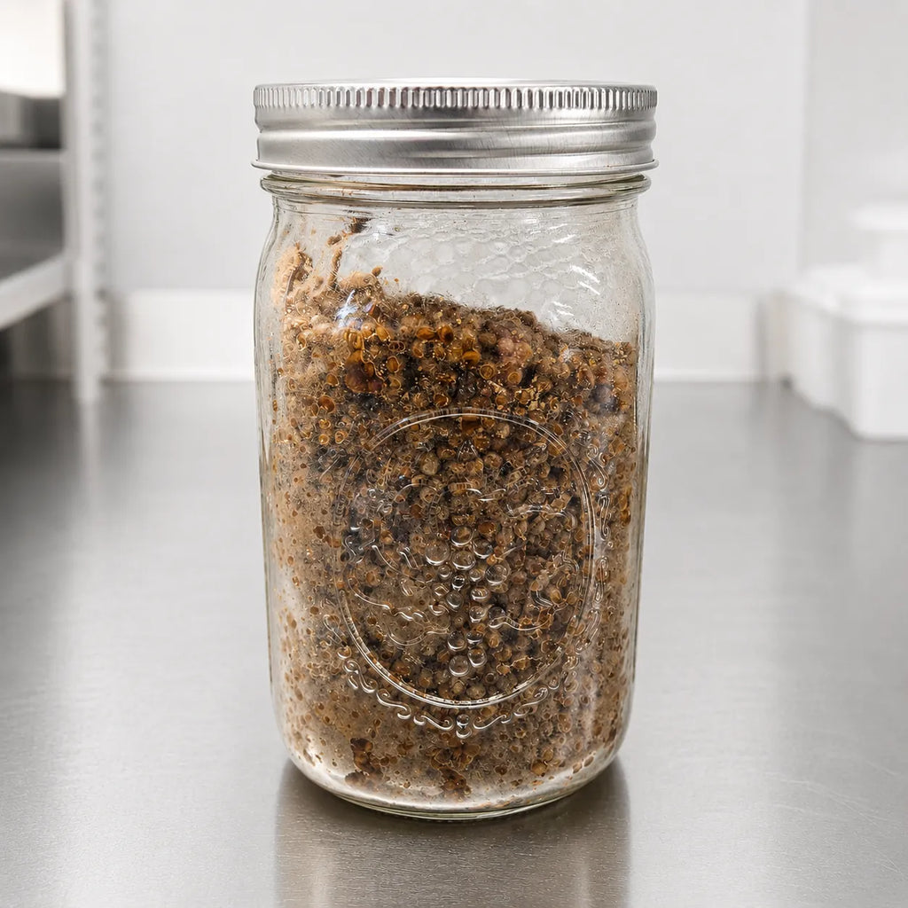 Morel mushroom grain spawn in a one quart jar showing the distinctive dark rust coloured colonized grain