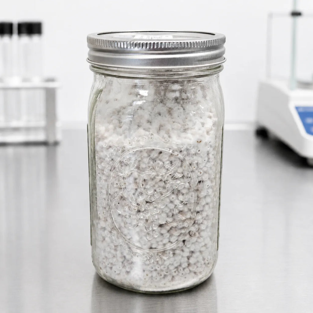 Nameko mushroom grain spawn in a one quart jar, white mycelium speckled through colonized rye grain