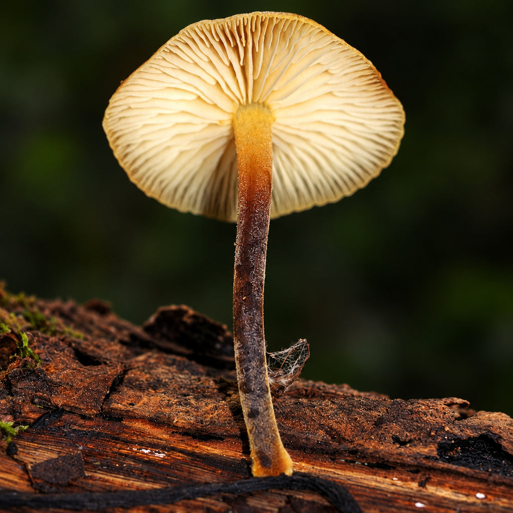 Orange Faint Foot (Heimiomyces tenuipes) mushrooms growing in natural habitat