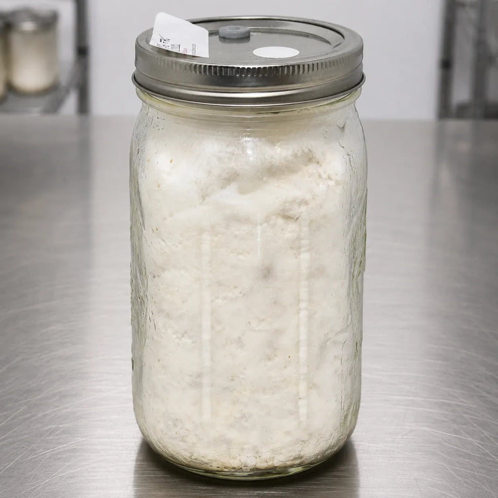 Pearl Oyster mushroom grain spawn in a one quart jar, fully colonized with dense bright white mycelium
