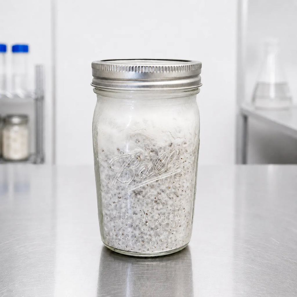 Phoenix Oyster mushroom grain spawn in a one quart glass jar, even white colonization across the grain