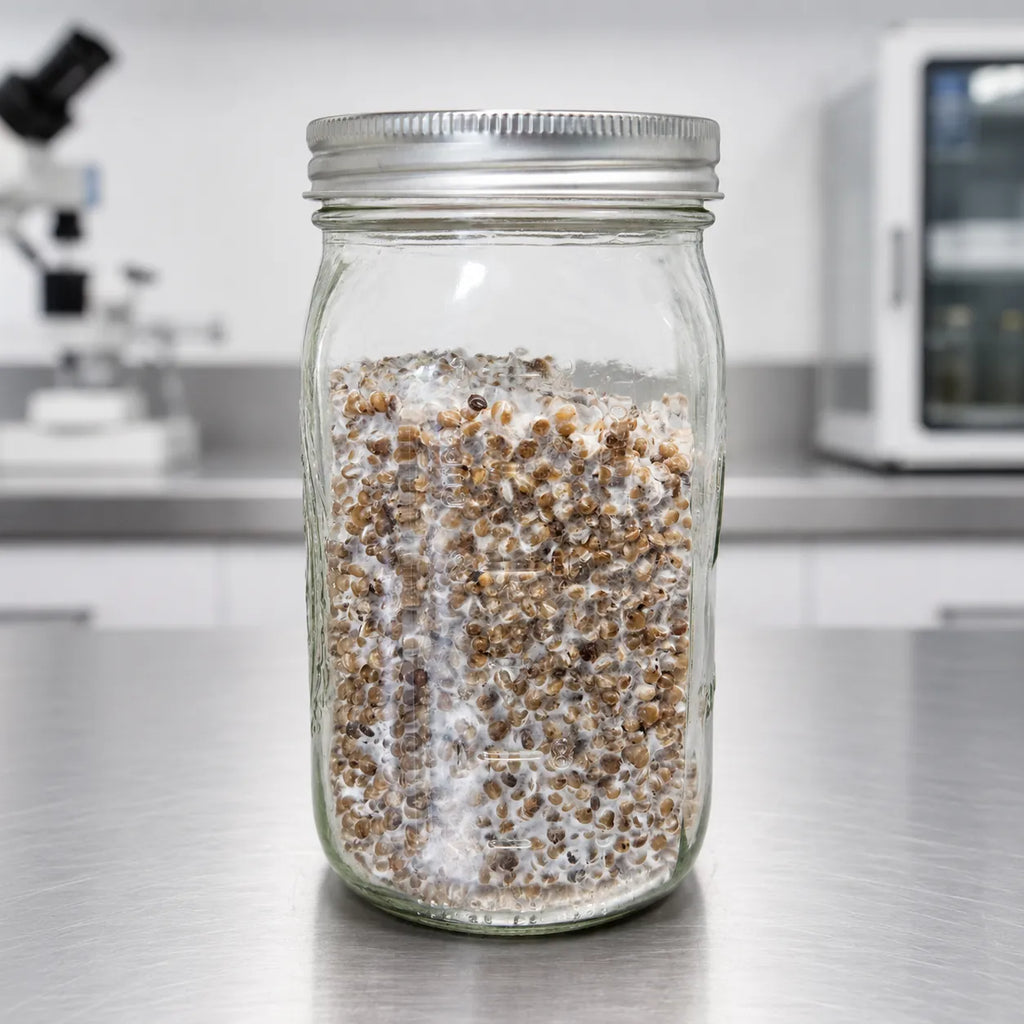 Reishi mushroom grain spawn in a one quart jar, white mycelium over darker rye grain, Out-Grow lab