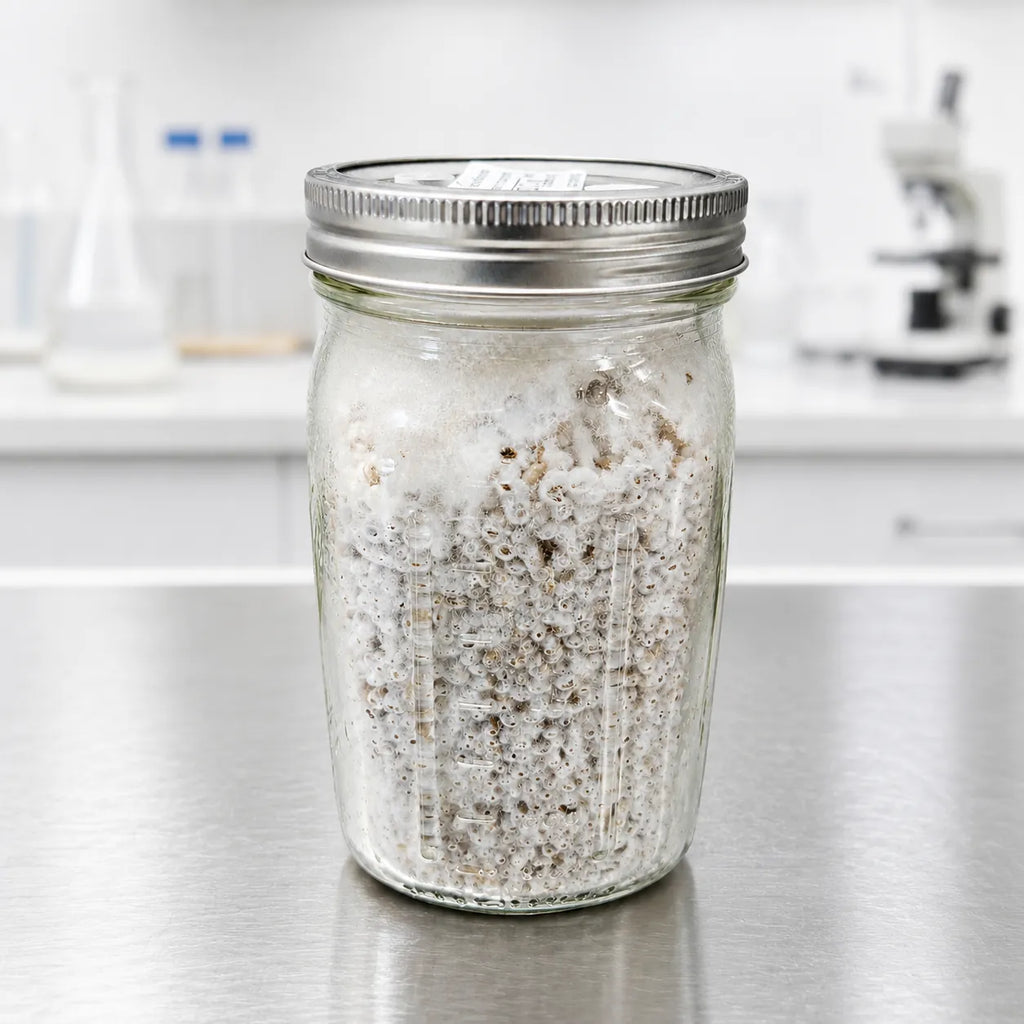 Shiitake mushroom grain spawn in a one quart glass jar, white mycelium threaded through the colonized grain