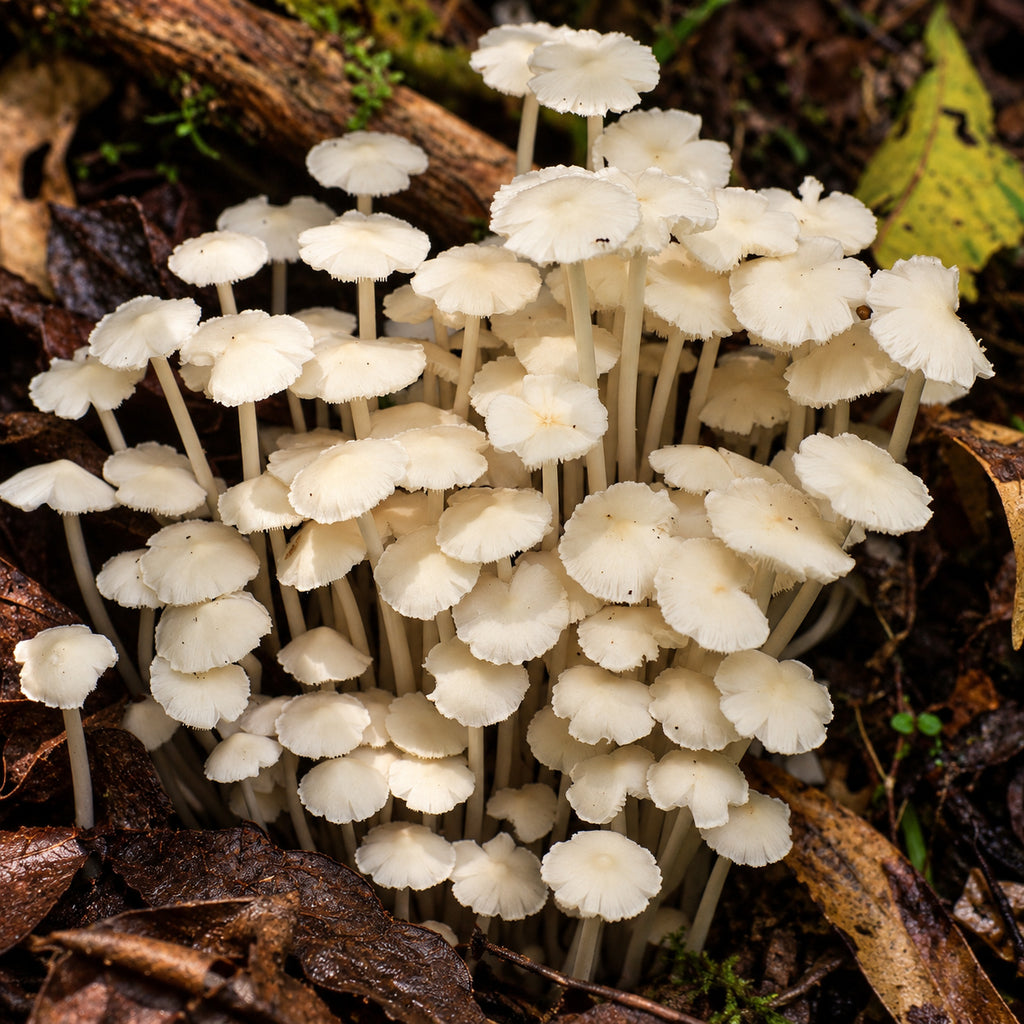 Small Termite Mushroom (Termitomyces microcarpus) mushrooms growing in natural habitat