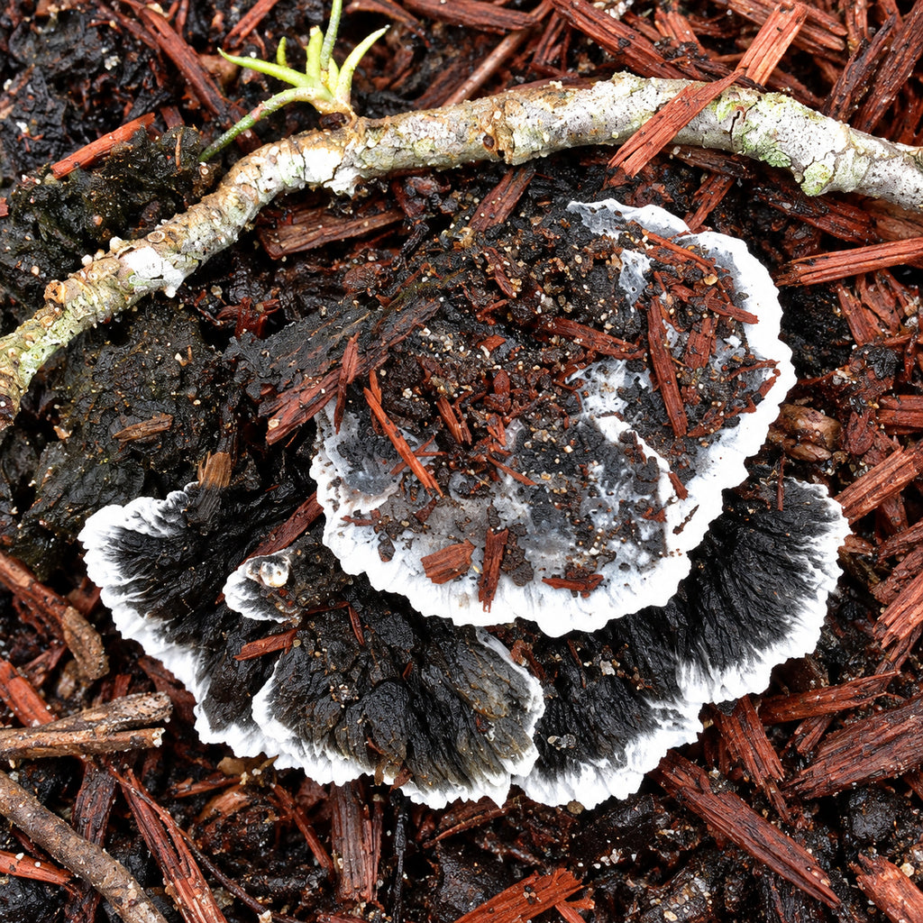 Black Earthfan (Thelephora cuticularis) mushrooms growing in natural habitat