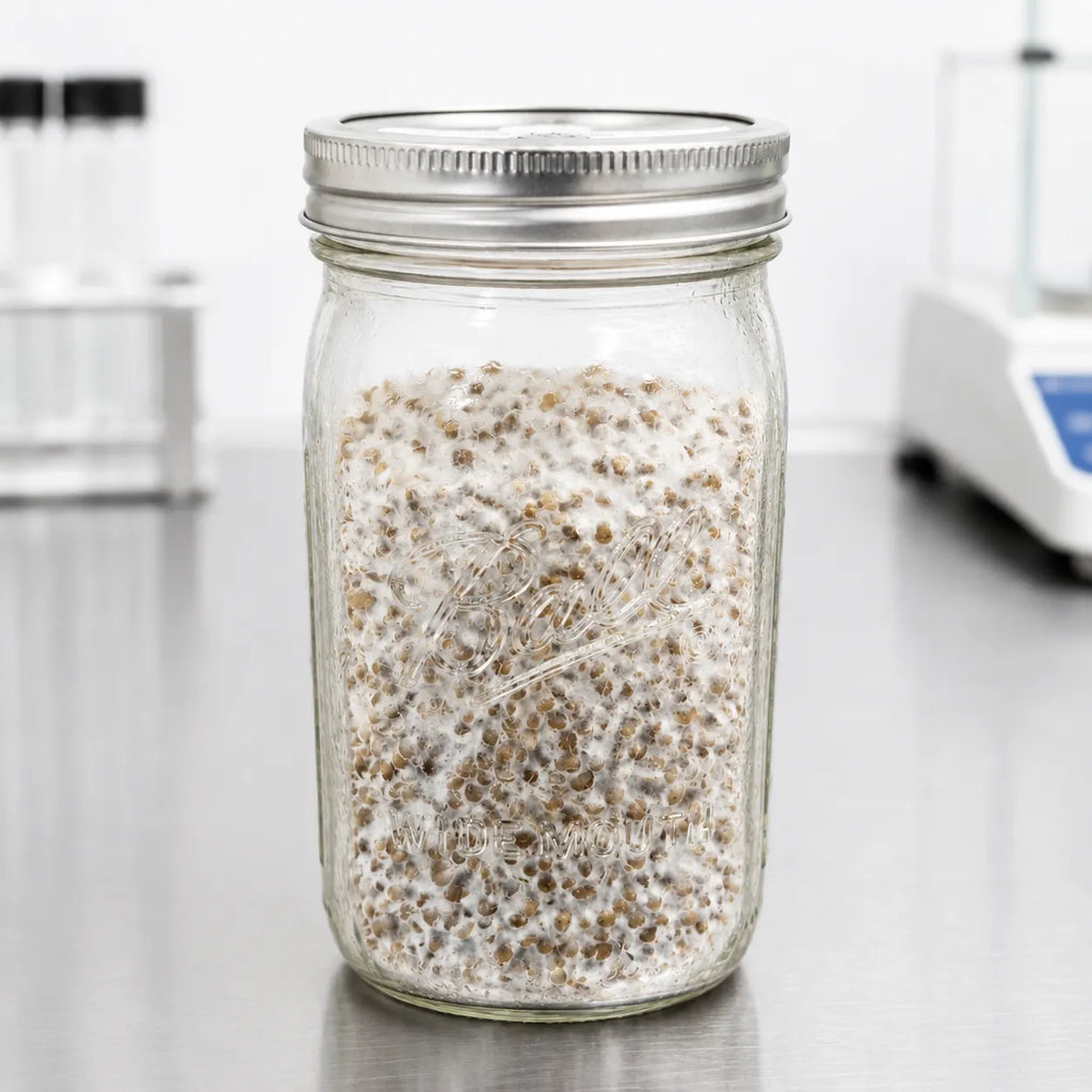 Turkey Tail mushroom grain spawn in a one quart jar, white mycelium across fully colonized rye grain