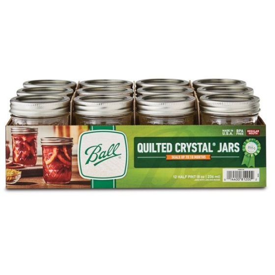 Ball Quilted Crystal Glass Mason Jars with Lids & Bands, Regular Mouth, 8 oz, 12 Count